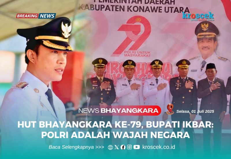Pembina Upacara, Bupati Konawe Utara, H. Ikbar, S.H., M.H., memperingati Hari Bhayangkara ke-79 tahun 2025, di Pelataran Kantor Bupati Konut, Selasa (01/07/2025).