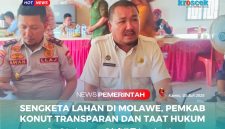 Sekda Konut, Dr. Safruddin, S.Pd., M.Pd., dalam konferensi pers usai melakukan peninjauan lokasi sengketa lahan di Molawe, Kamis (03/07/2025).