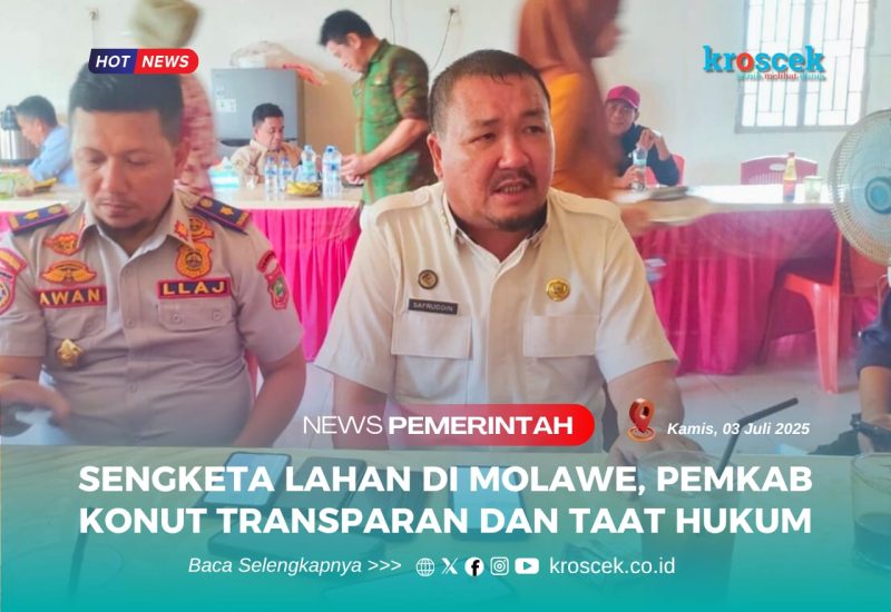 Sekda Konut, Dr. Safruddin, S.Pd., M.Pd., dalam konferensi pers usai melakukan peninjauan lokasi sengketa lahan di Molawe, Kamis (03/07/2025).