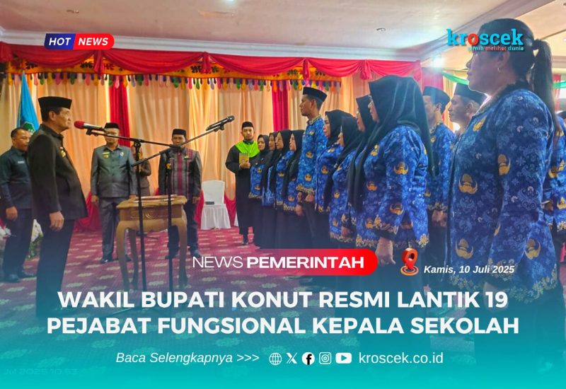 Wakil Bupati Konawe Utara, H. Abuhaera, S.Sos., M.Si., melantik 19 pejabat fungsional guru yang diberi tugas tambahan sebagai kepala sekolah dilangsungkan secara khidmat di Aula Anawai Ngguluri, lantai 1 Kantor Bupati Konawe Utara, Kamis (10 Juli 2025).
