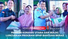 Bupati dan Wakil Bupati Konawe Utara, H. Ikbar dan H. Abuhaera menyerahkan Program SPHP dan Bantuan Beras Periode Juli-Desember 2025, bekerja sama dengan Perum Bulog Kantor Wilayah Sulawesi Tenggara (Sultra), di Desa Larobende, Kecamatan Andowia, Kamis (24/07/2025).
