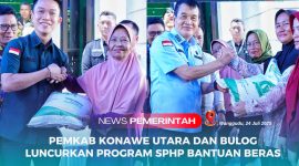 Bupati dan Wakil Bupati Konawe Utara, H. Ikbar dan H. Abuhaera menyerahkan Program SPHP dan Bantuan Beras Periode Juli-Desember 2025, bekerja sama dengan Perum Bulog Kantor Wilayah Sulawesi Tenggara (Sultra), di Desa Larobende, Kecamatan Andowia, Kamis (24/07/2025).