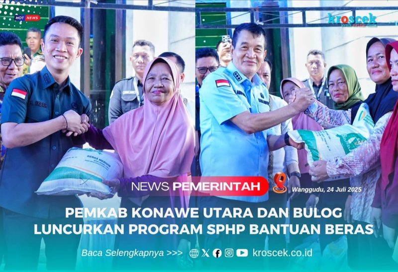 Bupati dan Wakil Bupati Konawe Utara, H. Ikbar dan H. Abuhaera menyerahkan Program SPHP dan Bantuan Beras Periode Juli-Desember 2025, bekerja sama dengan Perum Bulog Kantor Wilayah Sulawesi Tenggara (Sultra), di Desa Larobende, Kecamatan Andowia, Kamis (24/07/2025).