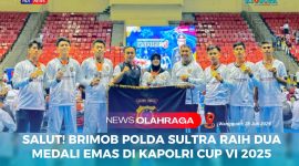 Kepolisian Daerah Sulawesi Tenggara (Polda Sultra) berpose bersama atlet terbaiknya raih medali dalam ajang Pekan Olahraga Nasional Polri Kapolri Cup VI Tahun 2025, Senin (28/07/2025).