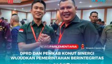 Bupati Konawe Utara, H. Ikbar, S.H., M.H., salam kompak bersama Wakil Ketua II DPRD Konawe Utara, Muhardin, S.Pd., pada menghadiri Rapat Koordinasi Program Pencegahan Korupsi Terintegrasi Pemerintah Daerah se-Provinsi Sultra yang digelar di Aula Kantor Gubernur Sultra, Kamis (31/07/2025). Foto : Istimewa.