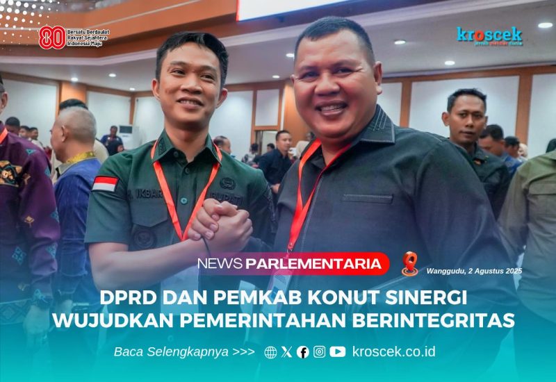 Bupati Konawe Utara, H. Ikbar, S.H., M.H., salam kompak bersama Wakil Ketua II DPRD Konawe Utara, Muhardin, S.Pd., pada menghadiri Rapat Koordinasi Program Pencegahan Korupsi Terintegrasi Pemerintah Daerah se-Provinsi Sultra yang digelar di Aula Kantor Gubernur Sultra, Kamis (31/07/2025). Foto : Istimewa.