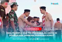 Bupati Konawe Utara, H. Ikbar berjabat tangan bersama Ketua DPRD Konawe Utara, Herman Sewani, usai membuka Jambore Kwartir Cabang Pramuka Konawe Utara 2025, di pelataran Kantor Dinas Perhubungan Konawe Utara, Kamis (14/08/2025).