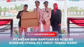 HARI KEMERDEKAAN - Management PT Antam Tbk menyerahan Bantuan penunjang BLUD RS Konawe Utara secara simbolis ke Bupati Konawe Utara, H. Ikbar, S.H., M.H., dan H. Abuhaera, S.Sos., M.Si, Didampingi Plt Direktur BLUD RS Konawe Utara, Riska L., S.ST., M.Kes., di Pelataran Kantor Bupati Konut, Kelurahan Wanggudu, Minggu (17/08/2025)
