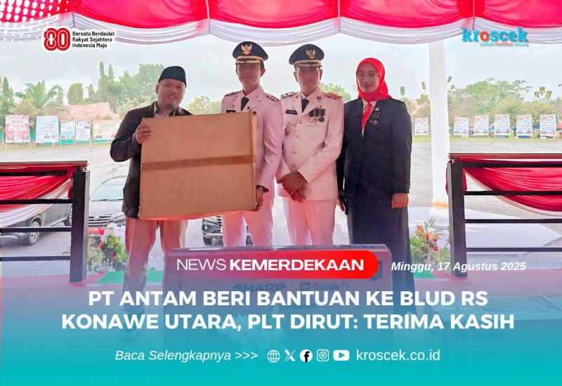 HARI KEMERDEKAAN - Management PT Antam Tbk menyerahan Bantuan penunjang BLUD RS Konawe Utara secara simbolis ke Bupati Konawe Utara, H. Ikbar, S.H., M.H., dan H. Abuhaera, S.Sos., M.Si, Didampingi Plt Direktur BLUD RS Konawe Utara, Riska L., S.ST., M.Kes., di Pelataran Kantor Bupati Konut, Kelurahan Wanggudu, Minggu (17/08/2025)