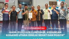 Trend Positif Keuangan Konut - Sekretaris Daerah Kabupaten Konawe Utara, Dr. Safruddin, S.Pd., M.Pd., Didampingi Wakil Ketua I DPRD Konut, I Made Tarubuana, S.Si, dan Unsur Pimpinan OPD Konut, usai menerima Hasil evaluasi Rancangan Peraturan Daerah (Ranperda) Kabupaten/Kota se-Sulawesi Tenggara tentang pertanggungjawaban pelaksanaan APBD Konut Tahun Anggaran 2024, serta rancangan Peraturan Bupati terkait penjabaran pertanggungjawaban APBD 2024, di Kendari, Jum'at (22/8/2025).