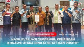 Trend Positif Keuangan Konut - Sekretaris Daerah Kabupaten Konawe Utara, Dr. Safruddin, S.Pd., M.Pd., Didampingi Wakil Ketua I DPRD Konut, I Made Tarubuana, S.Si, dan Unsur Pimpinan OPD Konut, usai menerima Hasil evaluasi Rancangan Peraturan Daerah (Ranperda) Kabupaten/Kota se-Sulawesi Tenggara tentang pertanggungjawaban pelaksanaan APBD Konut Tahun Anggaran 2024, serta rancangan Peraturan Bupati terkait penjabaran pertanggungjawaban APBD 2024, di Kendari, Jum'at (22/8/2025).