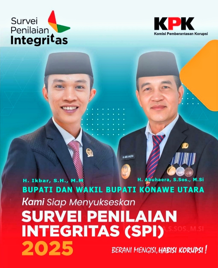 Bupati Konawe Utara, H. Ikbar, S.H., M.H., dan Wakil Bupati Konawe Utara, H. Abuhaera, S.Sos., M.Si., siap Sukseskan Survei Penilaian Integritas (SPI) 2025 yang digelar Komisi Pemberantasan Korupsi (KPK).