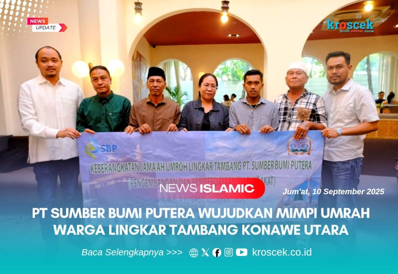 Perwakilan jamaah umrah lingkar tambang Konawe Utara bersama manajemen PT Sumber Bumi Putera saat pelepasan resmi peserta umrah di salah satu hotel di Kendari, Sulawesi Tenggara, sebelum keberangkatan. 18–25 Agustus 2025.