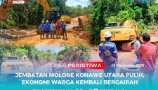 Tim perusahaan bersama perwakilan warga berdiri di lokasi perbaikan Jembatan Molore, Konawe Utara, Sulawesi Tenggara, Rabu (16/9/2025). Perbaikan jembatan ini memulihkan akses transportasi dan mendukung kelancaran aktivitas ekonomi masyarakat setempat.