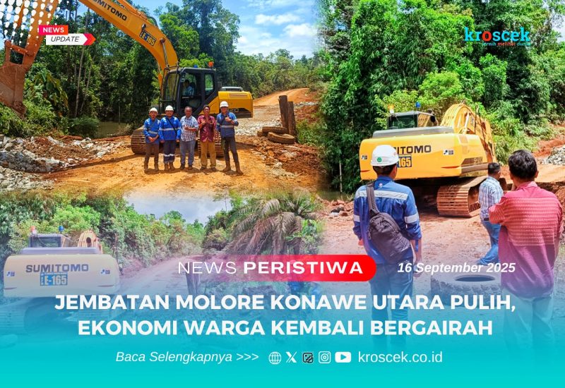 Tim perusahaan bersama perwakilan warga berdiri di lokasi perbaikan Jembatan Molore, Konawe Utara, Sulawesi Tenggara, Rabu (16/9/2025). Perbaikan jembatan ini memulihkan akses transportasi dan mendukung kelancaran aktivitas ekonomi masyarakat setempat.