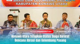 Bupati H. Ikbar, S.H., M.H., menetapkan Status Siaga Darurat Bencana Abrasi dan Gelombang Pasang, menyusul kerusakan pesisir yang melanda Desa Laimeo, Kecamatan Sawa, di Hotel Claro Kendari, Jumat (26/09/2025).