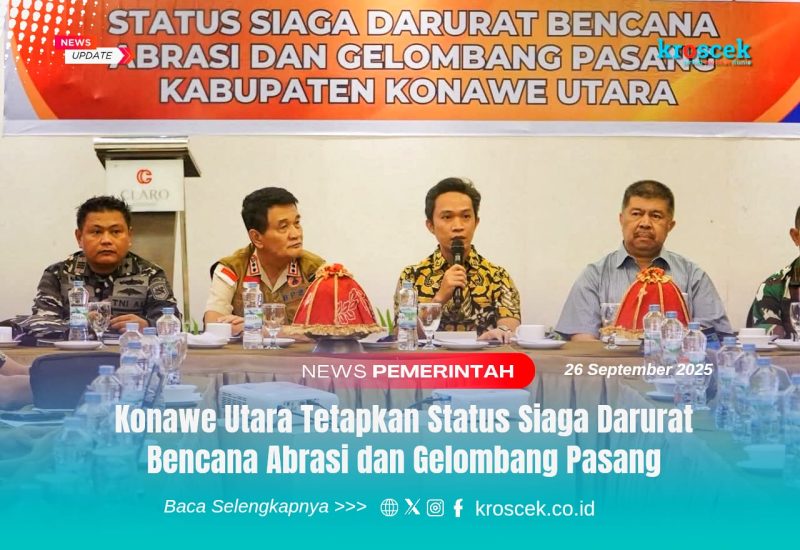 Bupati H. Ikbar, S.H., M.H., menetapkan Status Siaga Darurat Bencana Abrasi dan Gelombang Pasang, menyusul kerusakan pesisir yang melanda Desa Laimeo, Kecamatan Sawa, di Hotel Claro Kendari, Jumat (26/09/2025).