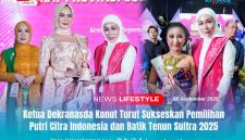 Momen Ketua Dekranasda Konawe Utara, Hj. Wisra Wastawati Ikbar, S.Tr.Keb, turut menyerahkan penghargaan pada pemenang ajang Putri Citra Indonesia dan Batik Tenun Sultra 2025, Minggu (28/9/2025).