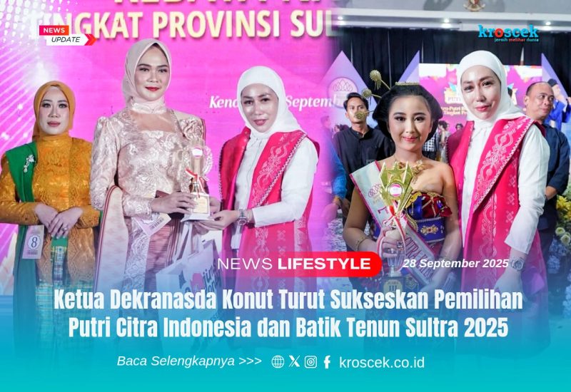 Momen Ketua Dekranasda Konawe Utara, Hj. Wisra Wastawati Ikbar, S.Tr.Keb, turut menyerahkan penghargaan pada pemenang ajang Putri Citra Indonesia dan Batik Tenun Sultra 2025, Minggu (28/9/2025).