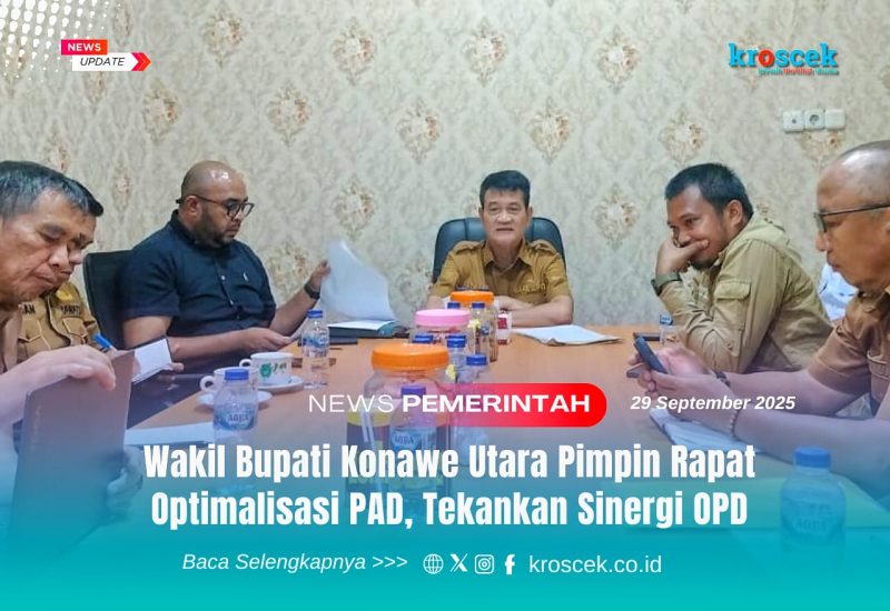 Wakil Bupati Konawe Utara, H. Abuhaera, S.Sos., M.Si., memimpin rapat optimalisasi pengelola PAD, dihadiri seluruh Pimpinan Organisasi Perangkat Daerah (OPD) serta perwakilan perusahaan IBM dan Perumda di Kantor Wabup Konut di Wanggudu, Senin (29/09/2025).