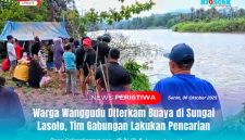 Warga bersama tim gabungan dari BPBD, Basarnas, dan aparat kepolisian melakukan pencarian korban yang diterkam buaya di Sungai Lasolo, Senin (6/10/2025).
