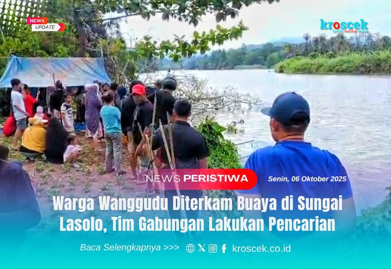 Warga bersama tim gabungan dari BPBD, Basarnas, dan aparat kepolisian melakukan pencarian korban yang diterkam buaya di Sungai Lasolo, Senin (6/10/2025).

