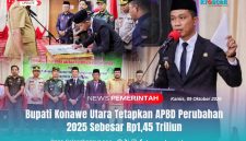 Bupati Konawe Utara, H. Ikbar, S.H., M.H., menandatangani dokumen penetapan Ranperda Perubahan APBD Tahun Anggaran 2025 menjadi Perda, disaksikan unsur Forkopimda di Aula Kantor Bupati Konut, Kamis (9/10/2025).