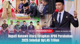 Bupati Konawe Utara, H. Ikbar, S.H., M.H., memberikan arahan dan sambutannya serta penandatanganan dokumen penetapan Ranperda Perubahan APBD Tahun Anggaran 2025 menjadi Perda, disaksikan unsur Forkopimda di Aula Kantor Bupati Konut, Kamis (9/10/2025).
