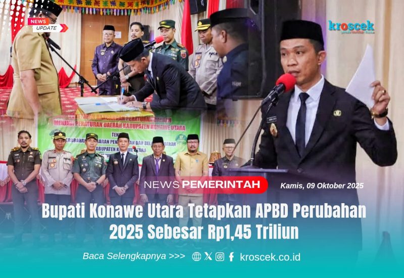 Bupati Konawe Utara, H. Ikbar, S.H., M.H., menandatangani dokumen penetapan Ranperda Perubahan APBD Tahun Anggaran 2025 menjadi Perda, disaksikan unsur Forkopimda di Aula Kantor Bupati Konut, Kamis (9/10/2025).