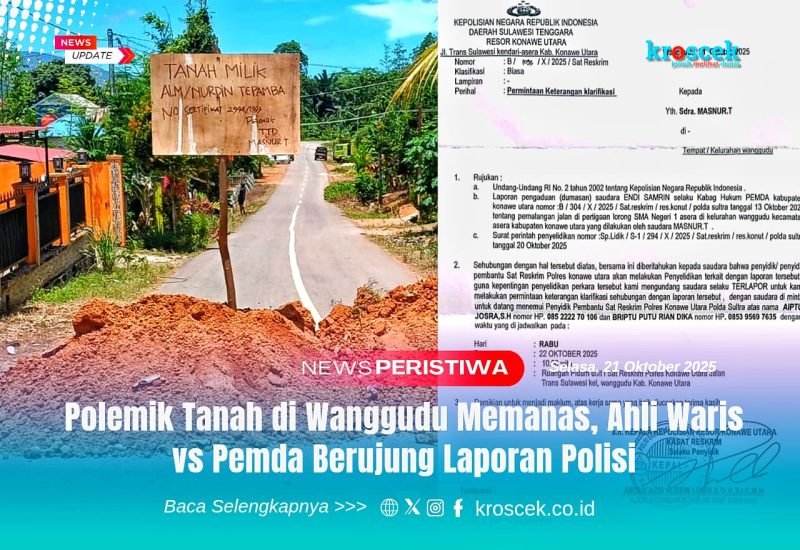 Papan tanda bertuliskan “Tanah Milik Alm. Nurdin Tepamba” berdiri di lokasi pemalangan jalan di Kelurahan Wanggudu, Kecamatan Asera, Kabupaten Konawe Utara. Aksi pemblokiran ini dilakukan oleh ahli waris sebagai bentuk protes terhadap klaim ganti rugi tanah yang belum terselesaikan.