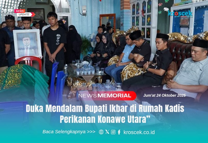 Bupati Konawe Utara, H. Ikbar, SH., MH., bersama jajaran pemerintah daerah, menyampaikan belasungkawa dan doa di rumah duka Kepala Dinas Perikanan Konawe Utara yang berpulang, Jumat (24/10/2025). Suasana haru menyelimuti prosesi takziah yang dihadiri keluarga, kerabat, dan rekan sejawat almarhum.