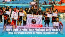 WTFC Konawe Utara - Atlet Wanggudu Taekwondo Fighter Club (WTFC) Konawe Utara foto bersama usai meraih prestasi gemilang di ajang Poltek Cup 2025 di Makassar, dengan torehan 3 emas, 2 perak, dan 1 perunggu, Minggu (26/10/2025).