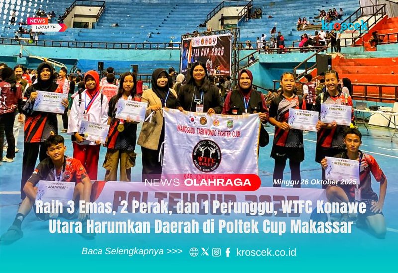 WTFC Konawe Utara - Atlet Wanggudu Taekwondo Fighter Club (WTFC) Konawe Utara foto bersama usai meraih prestasi gemilang di ajang Poltek Cup 2025 di Makassar, dengan torehan 3 emas, 2 perak, dan 1 perunggu, Minggu (26/10/2025).