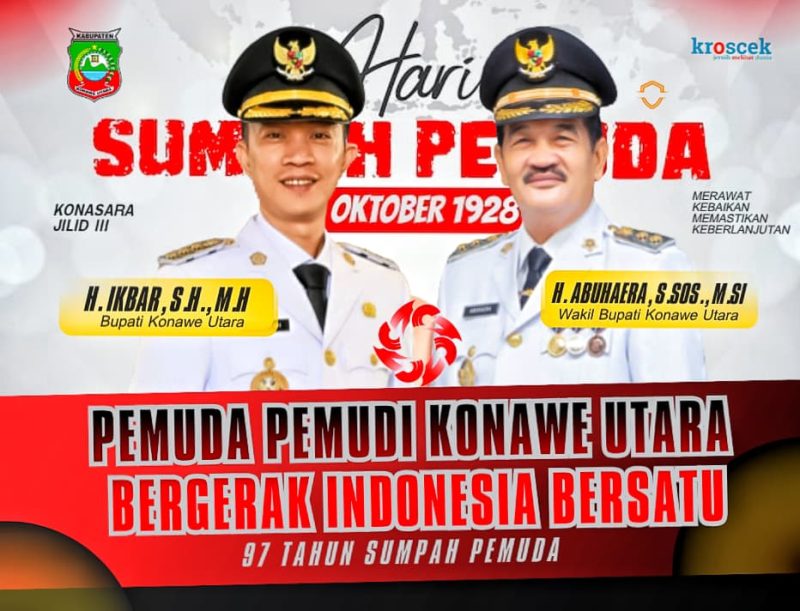 Peringatan Hari Sumpah Pemuda ke-97 Tahun, Bupati Konawe Utara, H. Ikbar, S.H., M.H., dan Wakil Bupati Konawe Utara, H. Abuhaera, S.Sos., M.Si., Pemuda Pemudi Konawe Utara Adaptif, Kreatif, Berintegritas, Bergerak Indonesia Bersatu, Selasa (28/10/2025).