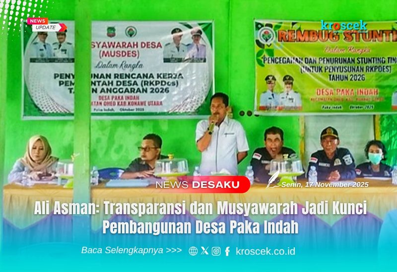 Suasana Musyawarah Desa (Musdes) Desa Paka Indah, Kecamatan Oheo, yang membahas penyusunan RKPDes dan agenda rembuk stunting untuk tahun anggaran 2026. Kepala Desa Paka Indah, Ali Asman, bersama perangkat desa dan pendamping, memimpin jalannya forum sebagai wujud transparansi dan partisipasi masyarakat dalam perencanaan pembangunan.