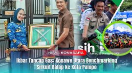 Bupati Konawe Utara, H. Ikbar, SH., MH., menyerahkan cinderamata ke Wali Kota Palopo, Hj. Naili Trisal, usai audiensi dan studi pembelajaran (Benchmarking) rencana pembangunan sarana olahraga sirkuit balap motor Kabupaten Konawe Utara, di ruang kerja walikota Palopo, Jum'at, 19 Desember 2025.