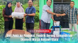 Anggota Dewan Perwakilan Rakyat Daerah (DPRD) Kabupaten Konawe Utara (Konut), Fendrik, S.Kom., mendorong penguatan ekonomi rakyat dengan menyerahkan dan menyalurkan bantuan alat produksi dan sarana usaha yang bersifat produktif dan berkelanjutan. Foto: Anto/Kroscek.co.id