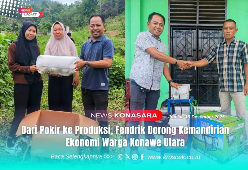 Anggota Dewan Perwakilan Rakyat Daerah (DPRD) Kabupaten Konawe Utara (Konut), Fendrik, S.Kom., mendorong penguatan ekonomi rakyat dengan menyerahkan dan menyalurkan bantuan alat produksi dan sarana usaha yang bersifat produktif dan berkelanjutan. Foto: Anto/Kroscek.co.id