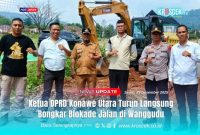 (Dari kiri ke kanan) Kaurbin Opsnal Sat Intelkam Polres Konut, IPDA Adiyanto Azis (Kaos hitam), 
Ketua DPRD Konawe Utara, Herman Sewani, S.H (Kemeja putih), Lurah Wanggudu, Hasanuddin, S.Si, (Seragam lengkap), Masnur Tepamba, S.Si (Kaos Kream), Kapolsek Asera AKP Sumantri, S.H., (Seragam lengkap Polri), Kasat Intelkam Polres Konawe Utara, AKP Bustaman, S.Si, (Kemeja putih) turun langsung memediasi konflik sekaligus memimpin pembongkaran blokade jalan yang telah mengganggu akses publik, khususnya jalur utama menuju SMA Negeri 1 Asera, Kelurahan Wanggudu, Senin siang (29/12/2025). Doc: Muh. Sahrul/Kroscek.co.id