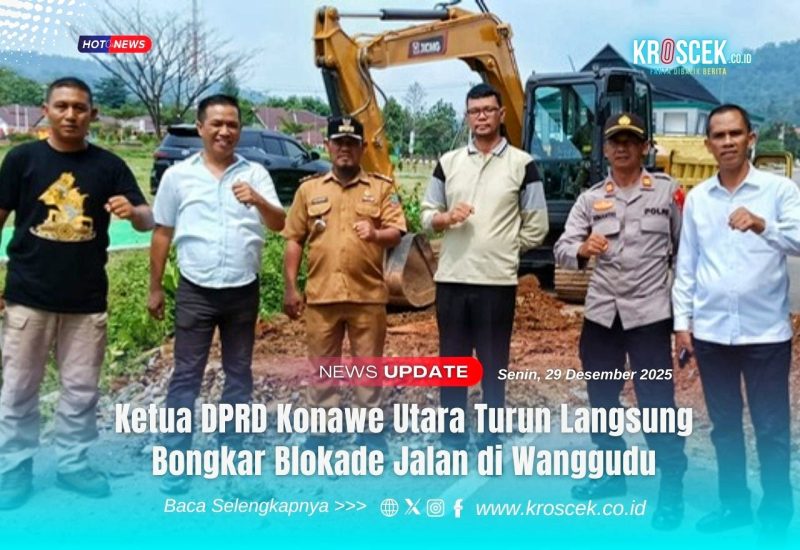 (Dari kiri ke kanan) Kaurbin Opsnal Sat Intelkam Polres Konut, IPDA Adiyanto Azis (Kaos hitam), 
Ketua DPRD Konawe Utara, Herman Sewani, S.H (Kemeja putih), Lurah Wanggudu, Hasanuddin, S.Si, (Seragam lengkap), Masnur Tepamba, S.Si (Kaos Kream), Kapolsek Asera AKP Sumantri, S.H., (Seragam lengkap Polri), Kasat Intelkam Polres Konawe Utara, AKP Bustaman, S.Si, (Kemeja putih) turun langsung memediasi konflik sekaligus memimpin pembongkaran blokade jalan yang telah mengganggu akses publik, khususnya jalur utama menuju SMA Negeri 1 Asera, Kelurahan Wanggudu, Senin siang (29/12/2025). Doc: Muh. Sahrul/Kroscek.co.id