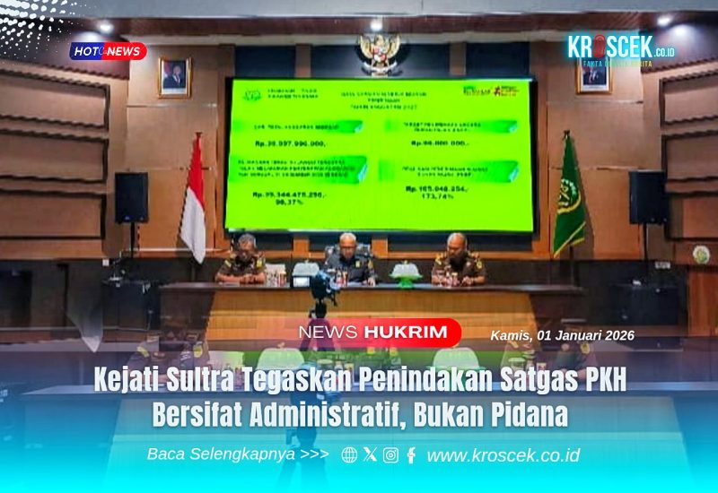 Kejati Sultra menyampaikan penegasan bahwa penindakan Satgas Penertiban Kawasan Hutan (PKH) di Sulawesi Tenggara bersifat administratif, bukan pidana, dalam konferensi pers di aula Kejati Sultra.