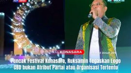 Logo Bulan Sabit berlafadz 99 Asmaul Husna | Dr. Ir. H. Ruksamin, S.T., M.Si., IPU, ASEAN Eng, saat memberikan sambutannya pada malam puncak Festival Konasara di Bundaran CBD Konasara, Jum'at malam (02/01/2026). Foto: Antho/Kroscek.co id