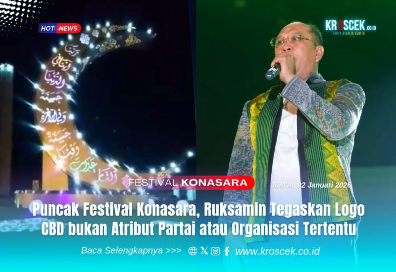 Logo Bulan Sabit berlafadz 99 Asmaul Husna | Dr. Ir. H. Ruksamin, S.T., M.Si., IPU, ASEAN Eng, saat memberikan sambutannya pada malam puncak Festival Konasara di Bundaran CBD Konasara, Jum'at malam (02/01/2026). Foto: Antho/Kroscek.co id