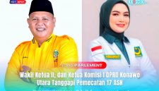 Wakil Ketua II DPRD Konawe Utara (Konut), Muhardin, S.Pd, dari Partai Golongan Karya (Golkar), dan Ketua Komisi I DPRD Konut, Asmawati, A.Md., politikus Partai Bulan Bintang (PBB) Konut.