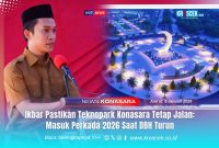 Bupati Konawe Utara, H. Ikbar, S.H., M.H., dan Aikon bundaran CBD Konasara lokasi strategis pembangunan Teknopark Konasara.