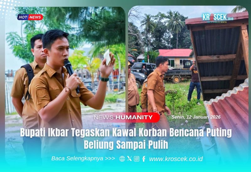 Bupati Konawe Utara, H. Ikbar, S.H., M.H., memberikan sambutannya dan arahan wejangan kepada korban angin puting beliung, dan meninjau langsung rumah warga yang mengalami kerusakan akibat bencana alam. Senin (12/1/2026).