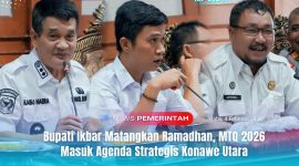 RAMADHAN dan MTQ 2026 - Bupati Konawe Utara Ikbar (Tengah) memimpin rapat dan menyampaikan arah kebijakan persiapan Ramadhan dan MTQ Tahun 2026 sebagai agenda prioritas daerah, digelar di Ruang Rapat Kantor Bupati Konawe Utara, Rabu (4/2/2026).