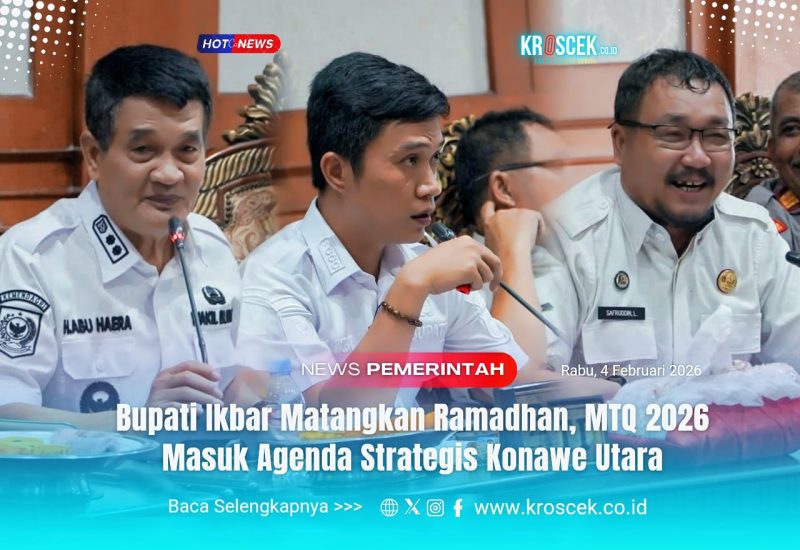RAMADHAN dan MTQ 2026 - Bupati Konawe Utara Ikbar (Tengah) memimpin rapat dan menyampaikan arah kebijakan persiapan Ramadhan dan MTQ Tahun 2026 sebagai agenda prioritas daerah, digelar di Ruang Rapat Kantor Bupati Konawe Utara, Rabu (4/2/2026).