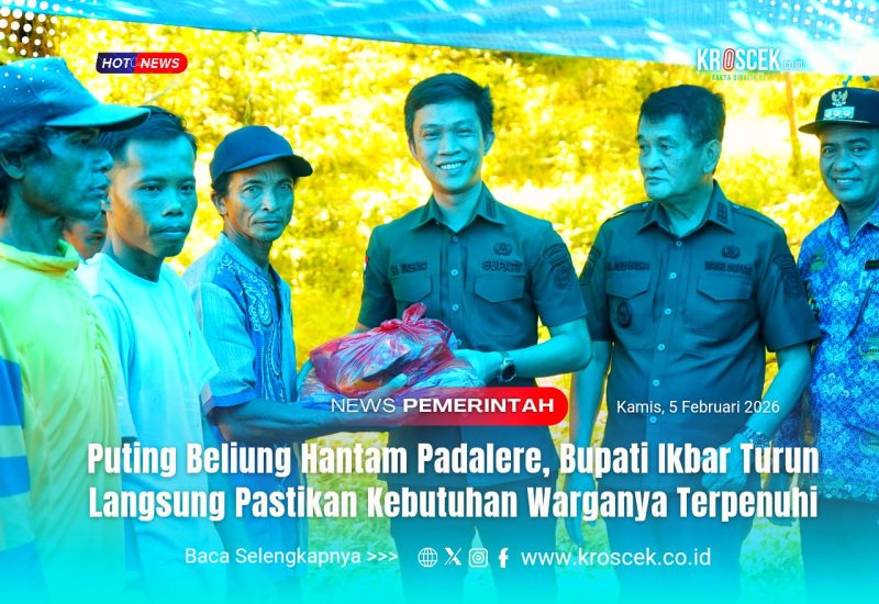 Bupati Konawe Utara, H. Ikbar, S.H., M.H, didampingi Wakil Bupati H. Abuhaera, S.Sos., M.Si, menyerahkan secara simbolis bantuan sembako kepada warga Desa Padalere Utama terdampak bencana angin puting beliung, Kamis (5/2/2026).