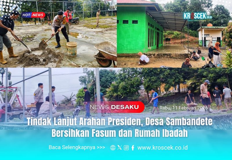 Warga Desa Sambandete bersama Kepala Desa Idrus dan aparat melakukan kerja bakti membersihkan fasilitas umum dan rumah ibadah sebagai tindak lanjut arahan Presiden, Rabu (11/02/2026).